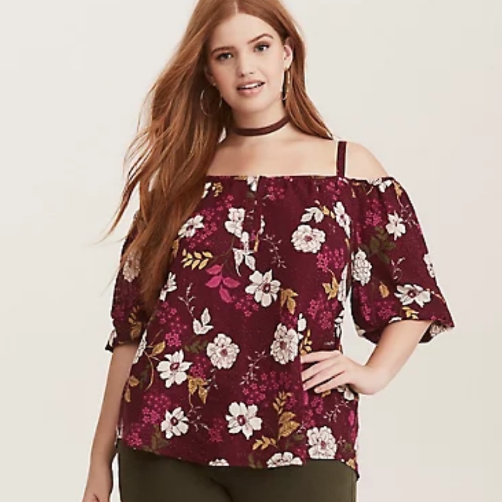 Torrid maroon floral cold shoulder blouse